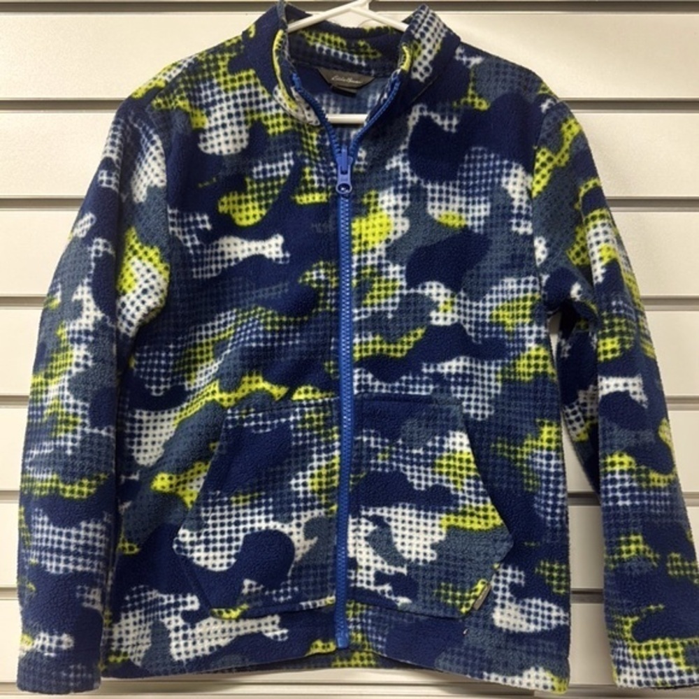 Kids Eddie Bauer Blue‎ and lime green Camouflage fleece zip up Jacket size 5/6
